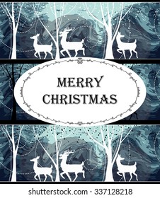Merry Christmas. Greeting card. Seamless Christmas pattern with deers, winter background and abstraction. Winter forest background. Winter deer in snow. Reindeer. Magic wonderful wood.