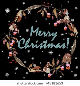 Merry Christmas greeting card. Seasonal vector illustration. Cute wildlife motifs. Wreath of forest elements under snowflakes.