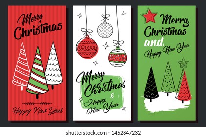 Merry Christmas greeting card set with modern stars, baubles and Christmas trees. Vector illustration.
