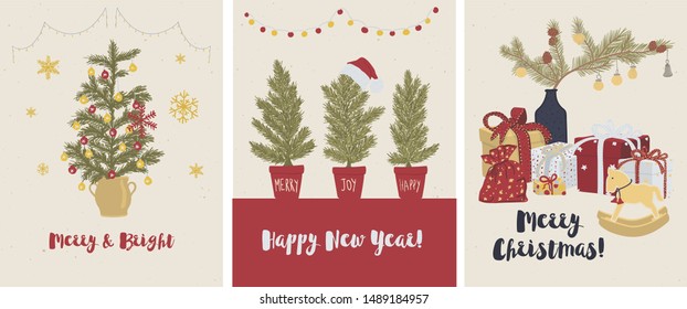 Merry Christmas greeting card set with modern stars, baubles and Christmas trees. Vector illustration