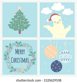 Merry Christmas greeting card set with xmas tree, cute llama or alpaca. Vector illustration.