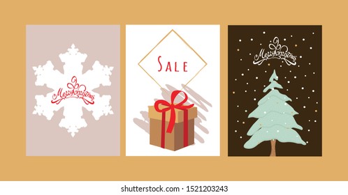 Merry Christmas greeting card set with cute xmas tree, snowflake and gift box designs. 