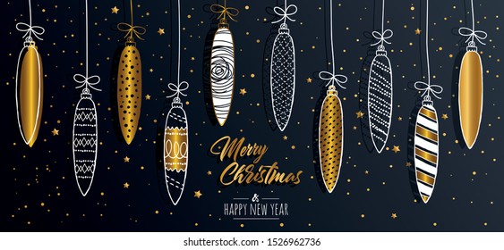 Merry Christmas greeting card set with golden text elements and modern hand drawn baubles. Vector illustration.