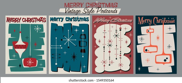 Merry Christmas Greeting Card Set Mid Century Modern Design Style, Vintage Shapes and Colors from the 1950s, 1960s 