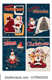 Merry Christmas Greeting Card Set, Santa Claus, Christmas Tree, Gift Bag, Reindeers, Retro Illustration Art Style, Vintage Colors
