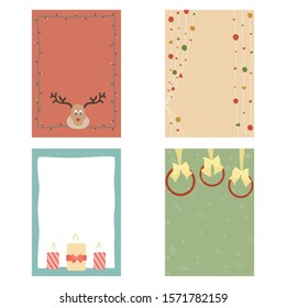 Merry Christmas greeting card set with cute santa, candle and deer simple design retro. Template for invitation, happy new year or xmas. Vector eps illustration.