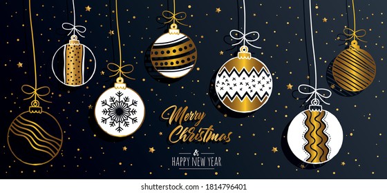 Merry Christmas greeting card set with golden text elements and modern hand drawn baubles. Vector illustration.
