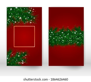 Merry Christmas greeting card set. Christmas tree branches. Golden frame.