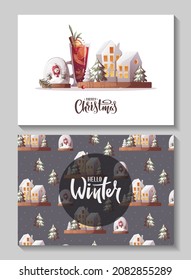 Merry Christmas greeting card set. Snow globe with snowman, decorative lamp houses, mulled wine. Vector illustration for poster, banner, card, postcard, cover.