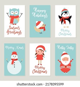 Merry Christmas greeting card set with cute xmas characters. Holiday cards