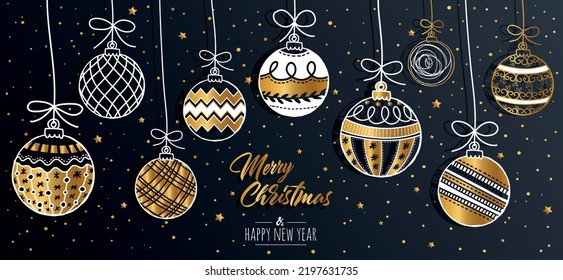 Merry Christmas greeting card set with golden text elements and modern hand drawn baubles. Vector illustration.