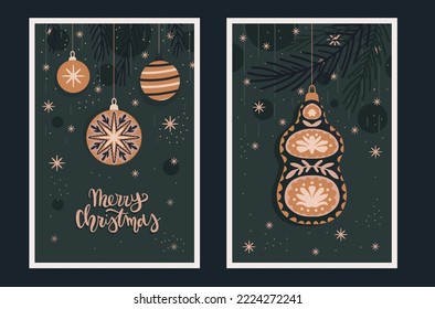 Merry Christmas greeting card set in Scandinavian style. Retro ornamental traditional Christmas baubles. Hand drawn winter Holidays background