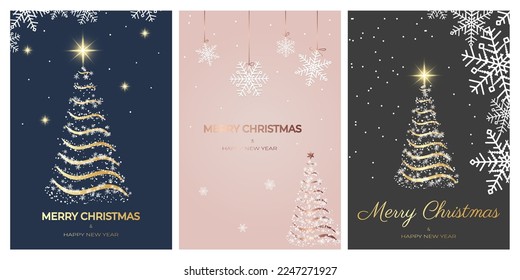 Merry Christmas greeting card set with rose gold Christmas trees and snowflakes. Elegant Holiday design templates for greeting card, invitation, banner or poster. Luxury X-mas vector illustration