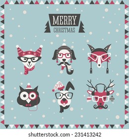 Merry Christmas greeting card. Set of hipster fashion animals.