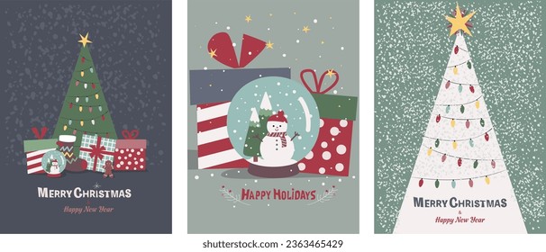 Merry Christmas greeting card set with cute traditional elements