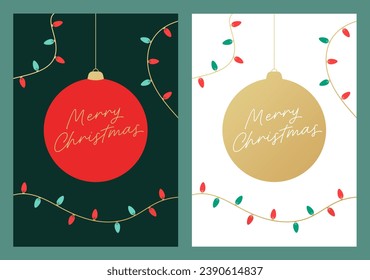 Frohe Weihnachts-Grußkartenset. Weihnachtskarte Vectordesign Template. Modernes festliches Design mit Weihnachtsball und Streichlichter. Gold Frohe Weihnachtsbriefe. Kreatives Weihnachtskartenkonzept.