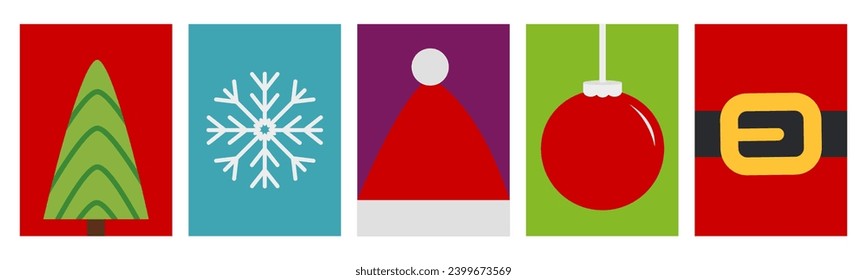 Merry Christmas greeting card set. Christmas tree, snowflake, Santa Claus hat, hanging xmas ball toy, belt. New Year sign symbol. Cute cartoon decoration. Red background. Isolated. Flat design. Vector