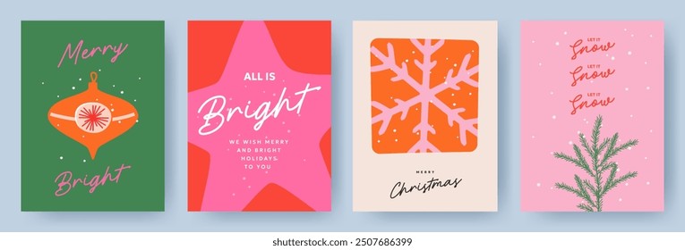 Merry Christmas greeting card Set. Modern art Xmas design with typography and beautiful snowflakes, Christmas tree, toys and stars. Trendy hand drawn illustration for season banner, poster, cover