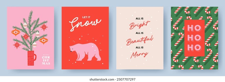 Merry Christmas greeting card Set. Modern Xmas design with typography, snow, beautiful Christmas tree, candy cane pattern, polar bear. Trendy hand drawn illustration for season banner, poster, cover