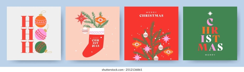 Feliz Natal cartão de felicitações Set. Arte moderna Xmas design com tipografia e lindos flocos de neve, árvore de Natal, brinquedos e estrelas. Ilustração desenhada à mão na moda para banner de estação, cartaz, capa