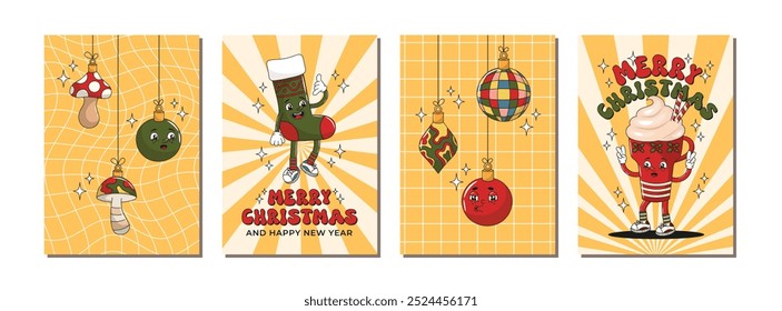 Merry Christmas greeting card set with sock and cup of coffee, latte, frapuccino retro groovy characters, tree toys, mushrooms. Winter New Year poster collection. Vector illustration, editable stroke.