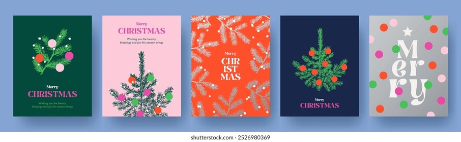 Merry Christmas greeting card Set. Modern beautiful art Xmas design with typography, snow, Christmas tree, balls and fir branches. Trendy hand drawn illustration for season ads, banner, poster, cover