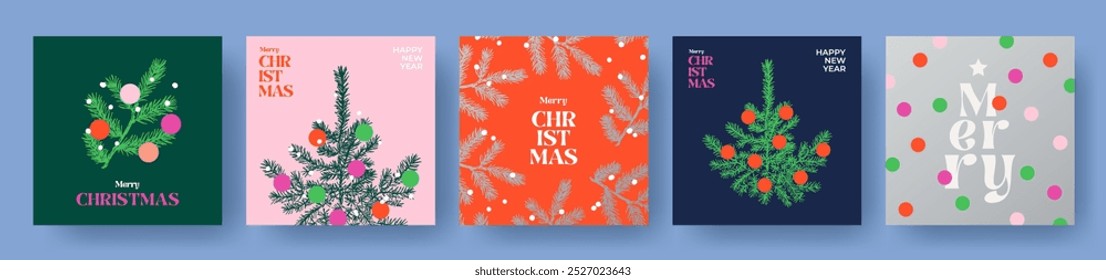 Merry Christmas greeting card Set. Modern beautiful art Xmas design with typography, snow, Christmas tree, balls and fir branches. Trendy hand drawn illustration for season ads, banner, poster, cover