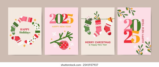 Merry Christmas greeting card Set. Xmas design with typography and Christmas socks. Hand drawn illustration for season banner, poster, cover.