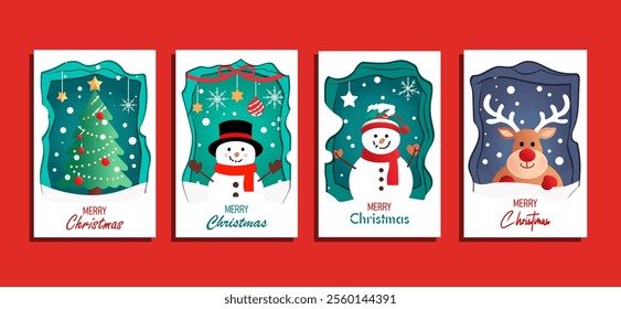 Merry Christmas greeting card set With Cute Cartoon Characters. Christmas Cartoon Design, Christmas tree branches, balls, Snowman, Deer, lights. Minimal art banner, poster, cover template, backgroundS