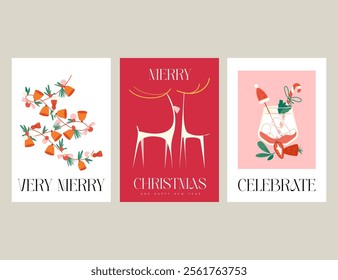 Merry Christmas greeting card Set. Modern art Xmas design with typography and beautiful garland, reindeers, winter cocktail. Trendy hand drawn illustration for season banner, poster, cover