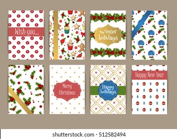 Merry Christmas greeting card set winter holiday greeting ornament vector illustration. Festive xmas celebration pattern. Creative snowflake christmas banner.