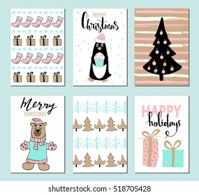 Merry Christmas greeting card set with cute xmas tree, socks, penguin and gift