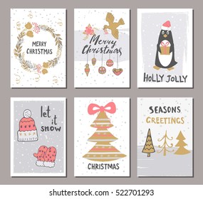 Merry Christmas greeting card set with cute xmas tree, gloves, hat, penguin and other elements. Cute Hand drawn holiday cards and invitations