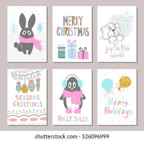 Merry Christmas greeting card set with cute xmas tree, rabbit, penguin, bear, balloons, gifts and other elements. Cute Hand drawn holiday cards and invitations.