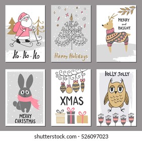 Merry Christmas greeting card set with cute santa, tree, deer, rabbit, owl and other elements. Cute Hand drawn holiday cards and invitations.