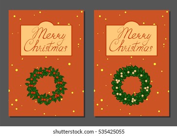Merry Christmas greeting card set with wreaths of mistletoe. Vector illustration.