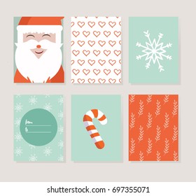 Merry Christmas greeting card set with cute snow flakes and santa. Includes holiday themed seamless patterns. EPS 10 vector
