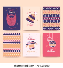 Merry Christmas greeting card set with cute winter hat, sweater, vintage beard , christmas balls and christmas patterns