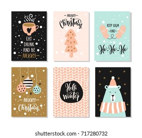 Merry Christmas greeting card set with lettering. Hand drawn design elements.