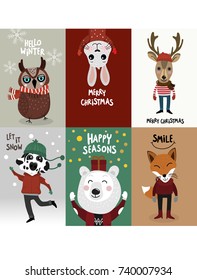 Merry Christmas greeting card set with cute owl, rabbit, deer, dog, bear and fox