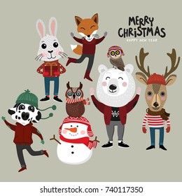 Merry Christmas greeting card set with cute snowman, owl, rabbit, deer, dog, bear and fox