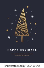 Merry Christmas greeting card set with cute xmas tree and snow-flakes. Decorative vector illustration for winter Happy holidays.