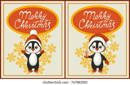 Merry Christmas greeting card set. Cute penguins in red hats of Santa Claus. Vector illustration.
