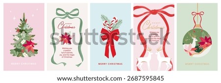 Merry Christmas greeting card Set. Modern beautiful Xmas design with hand drawn Christmas tree, Poinsettia flower, holly berry, candy cane, deer and bows, ribbon. Art banner, poster, cover template.