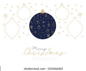 Merry Christmas greeting card with shapes of ball with line art icons. Winter xmas postcard in golden color