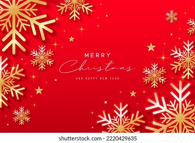Merry christmas greeting card with shiny gold snowflakes and stars on red background. Luxury and elegant design. Suit for poster, cover, banner, greeting card, invitation, card, web, brochure, flyer