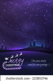 Merry Christmas greeting card with shiny stars and stardust in night skies, xmas tree forest and flying santa.  Vector Illustration for artwork, party flyers, posters.