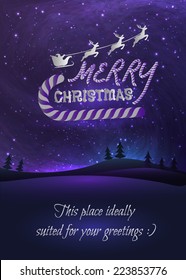 Merry Christmas greeting card with shiny stars in night skies, xmas tree forest and flying santa.  Vector Illustration for artwork, party flyers, posters.