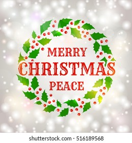 Merry Christmas! Greeting card with shiny background and holly wreath. Vector illustration.