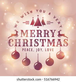 Merry Christmas! Greeting card with shiny background and holiday typographic badge. Vector illustration.